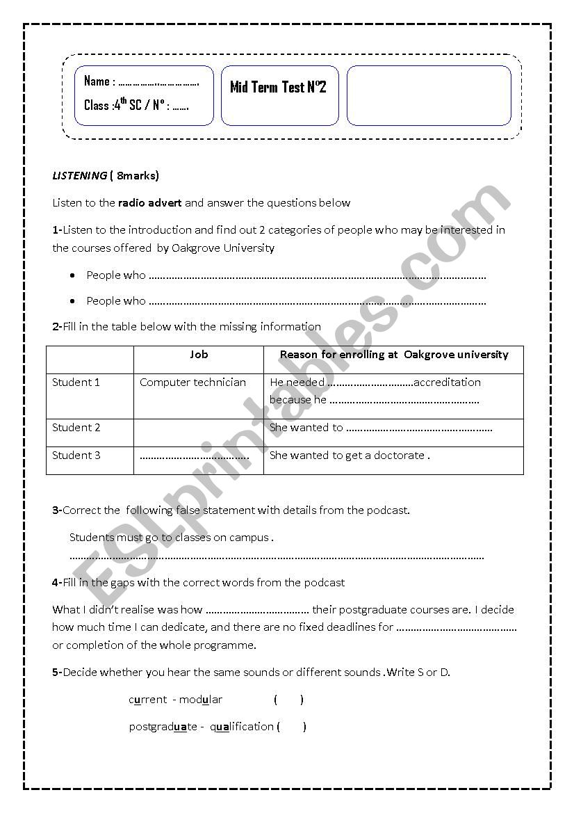 MID-TERM TEST N2 worksheet