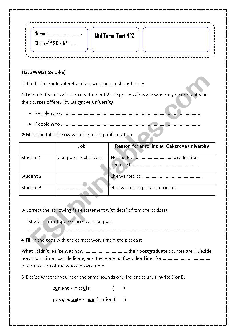 MID-TERM TEST NÂ°2 worksheet