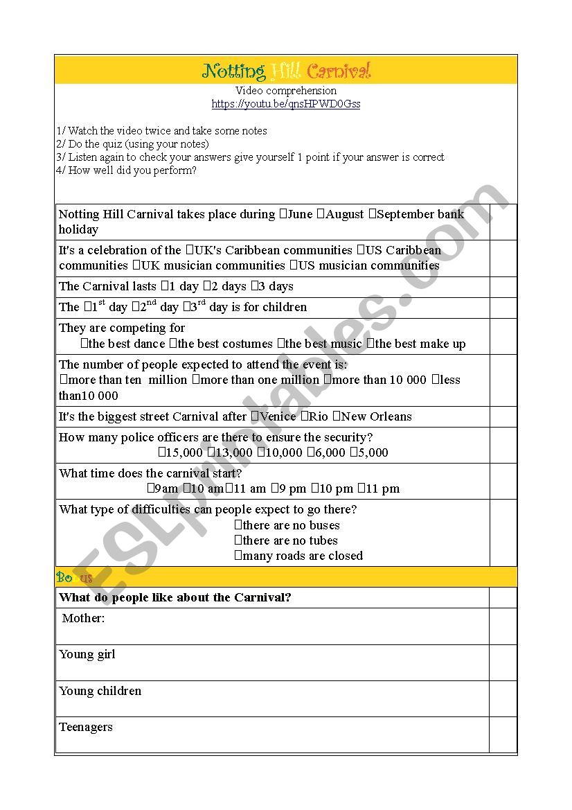 Notting Hill Carnival worksheet