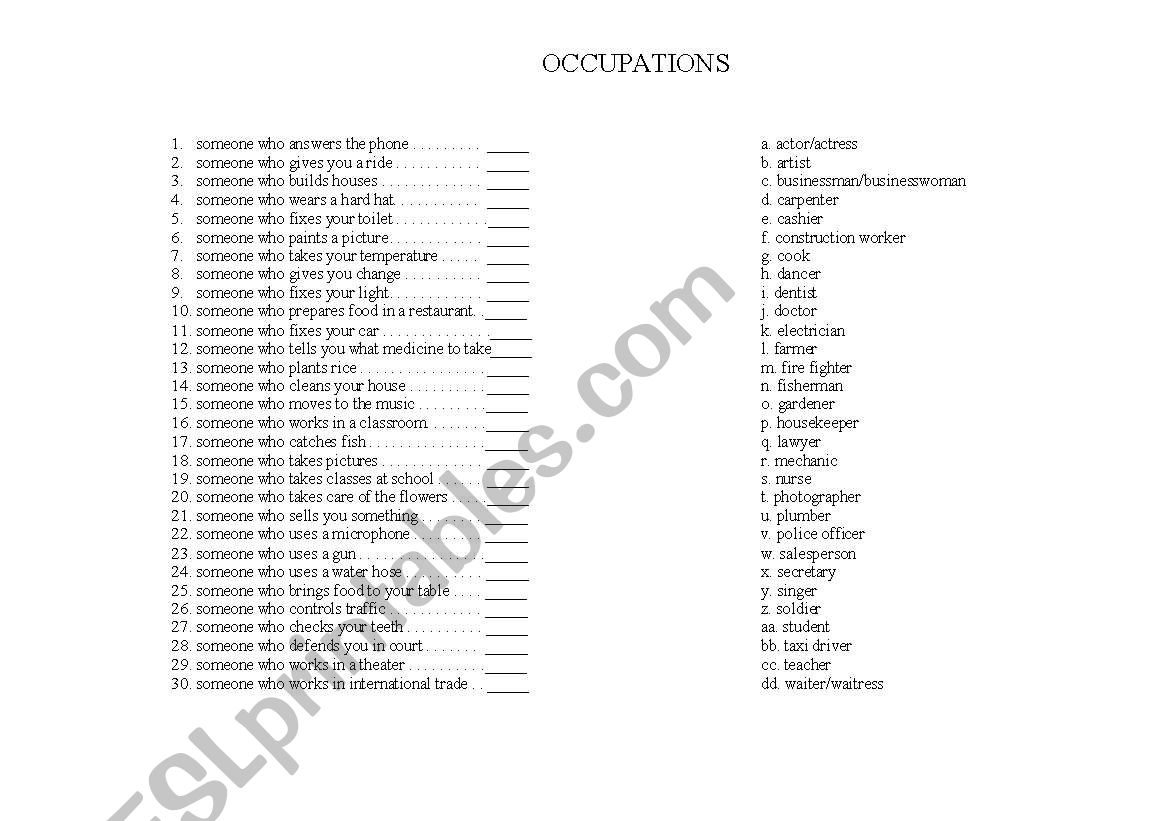 Occupations Match worksheet