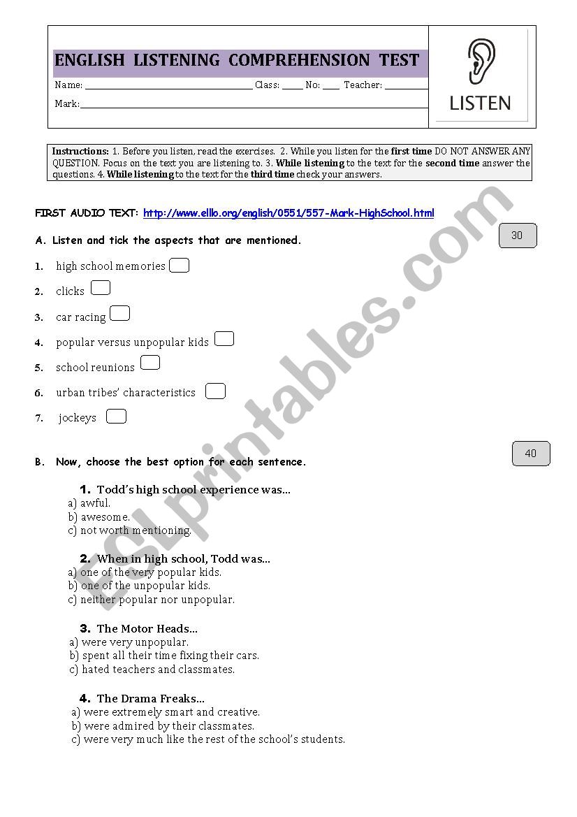 LISTENING - Teens worksheet