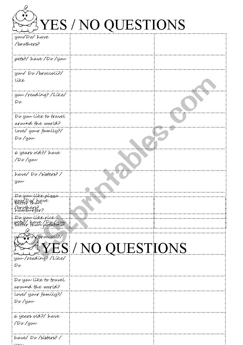 Yes/No questions worksheet