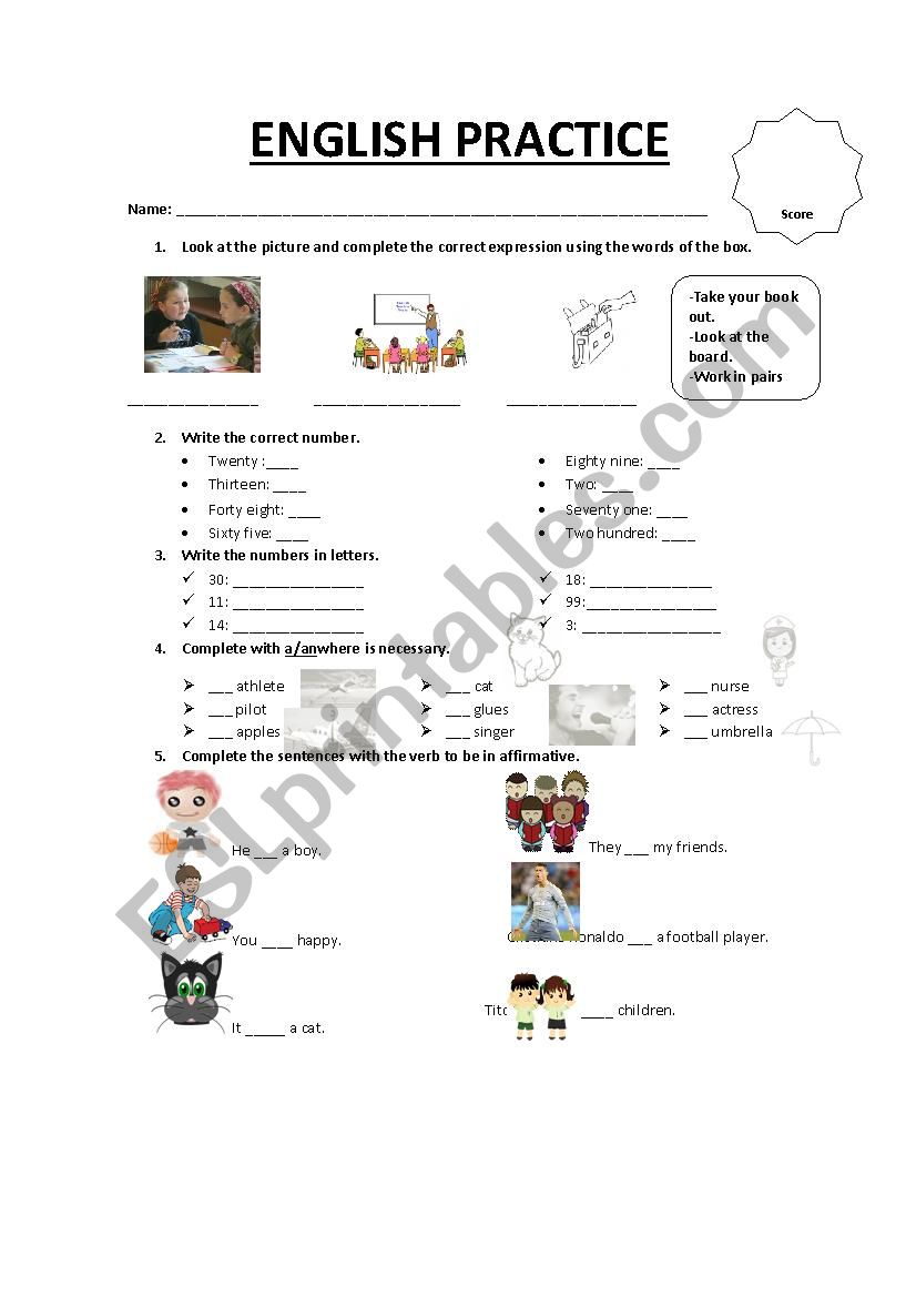 Practice about classroom Expre, Numbers, a-an nd verb to be