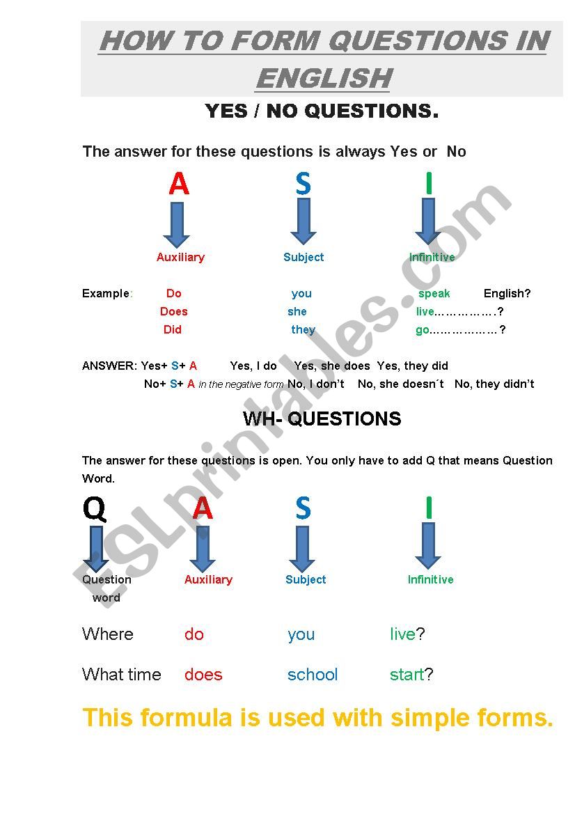 How to form questtions in English - ESL worksheet by toresano
