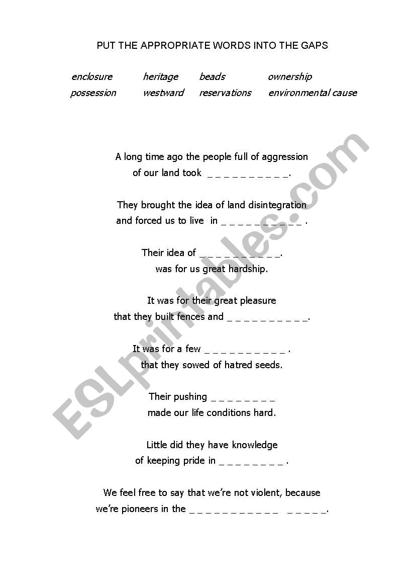 An Indian poem worksheet