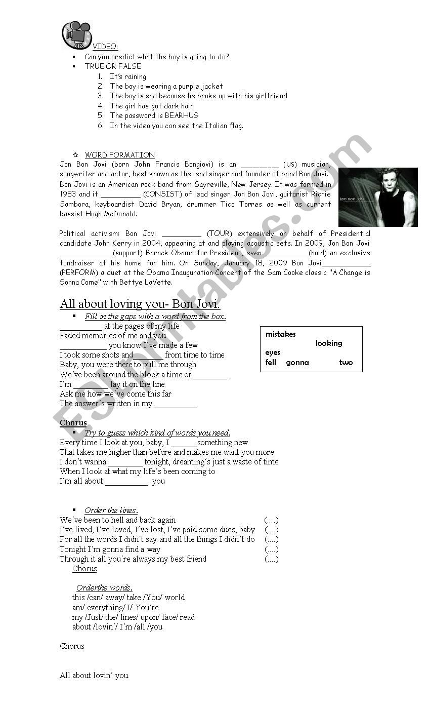 All about loving you-Bon Jovi worksheet