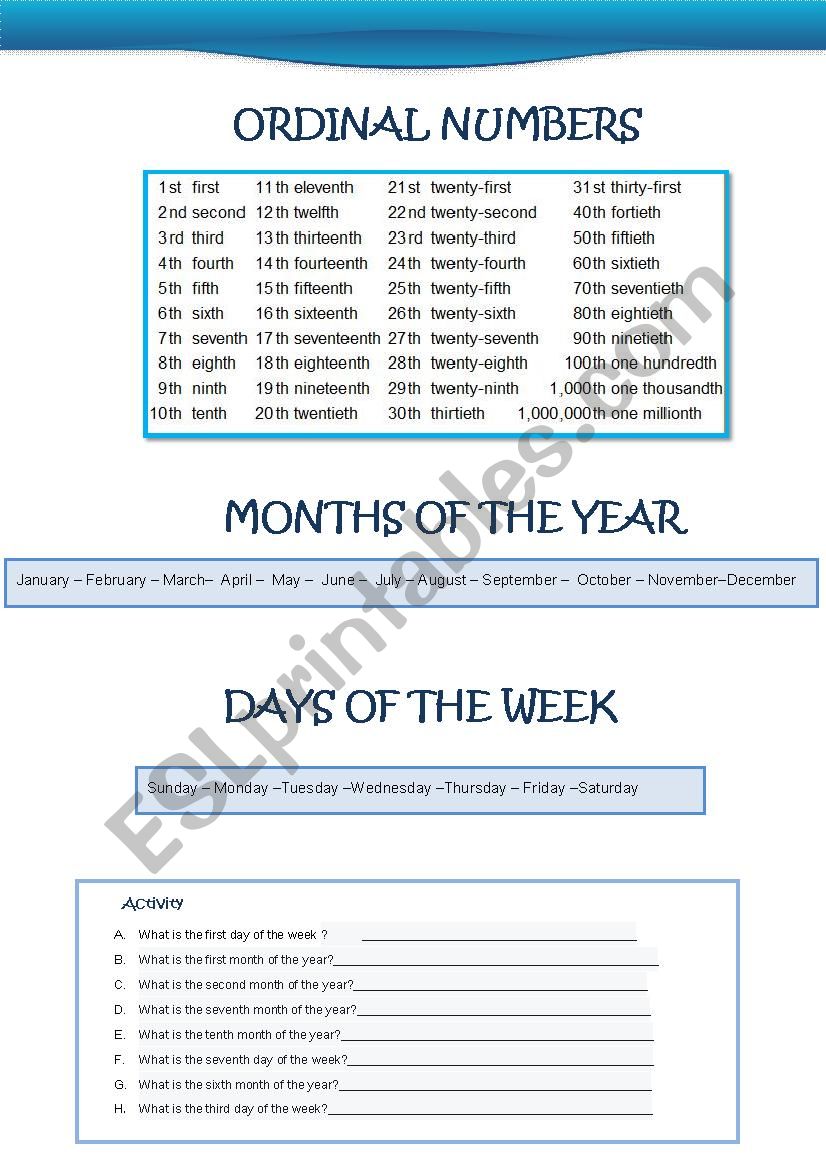 Ordinal Numbers, Months, and Days of the week