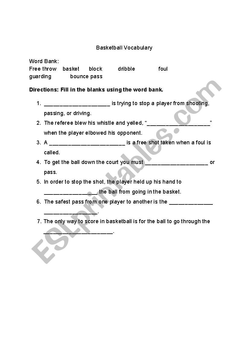 Basketball Terms worksheet