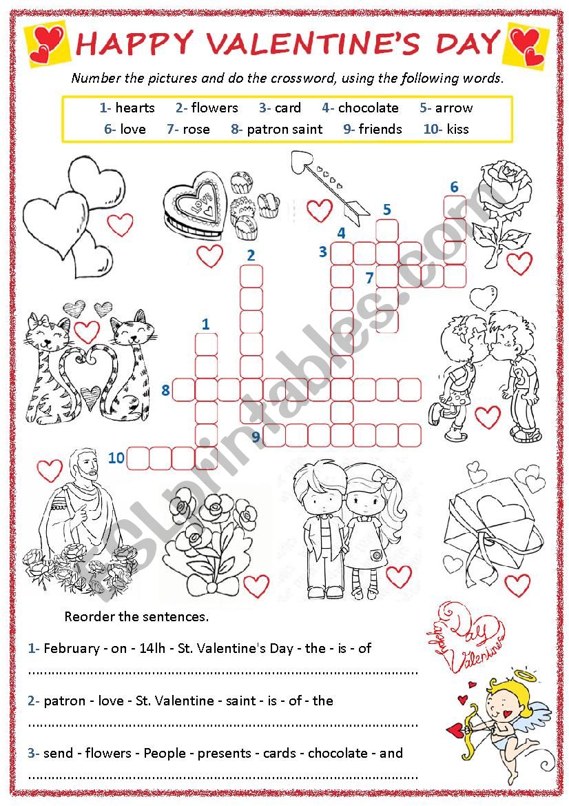Valentines day crossword worksheet