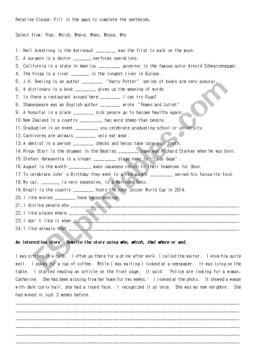 Relative Clause worksheet