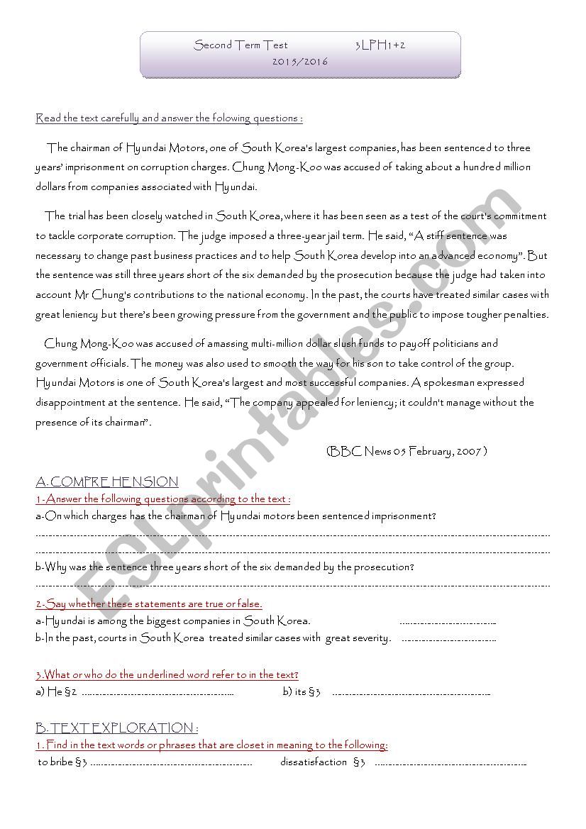 test for third year students worksheet