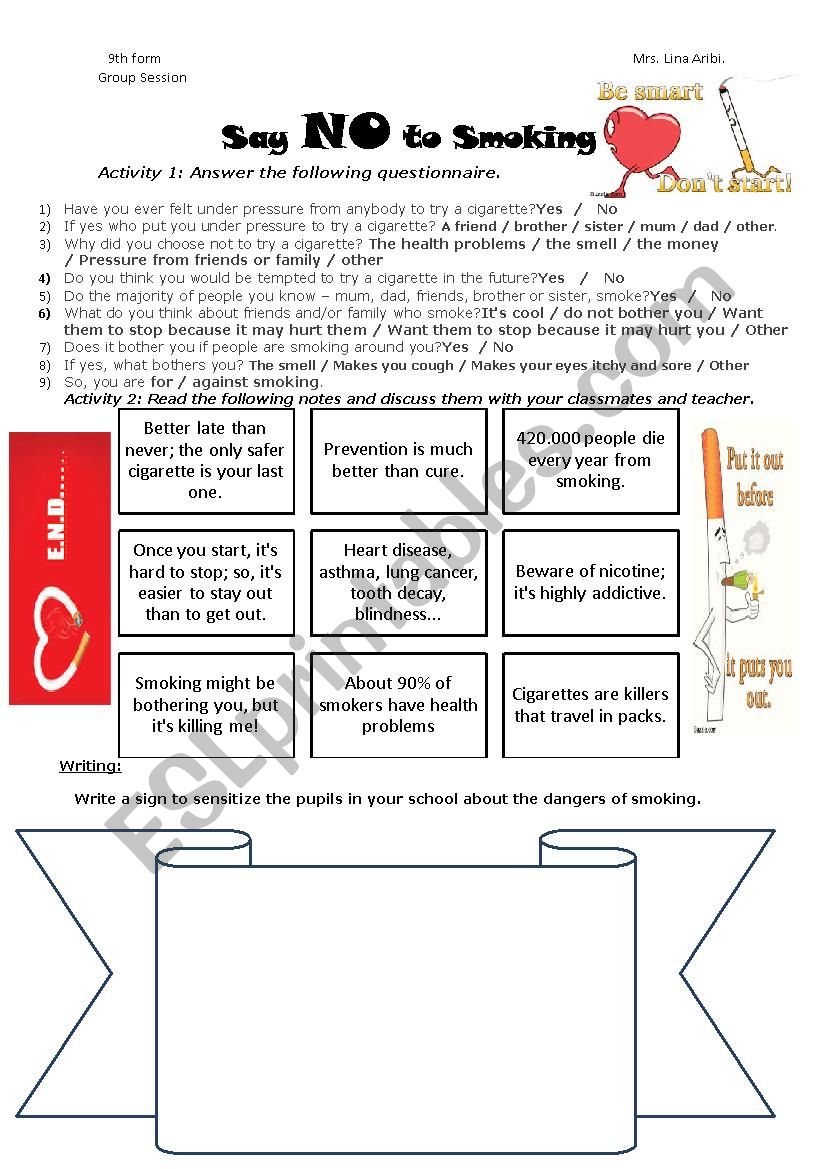 Please say NO to smoking worksheet