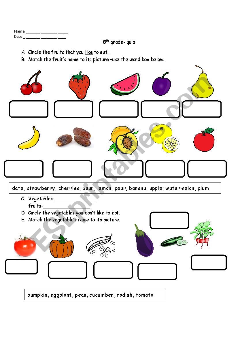 fruit and vegetables I  like or dislike