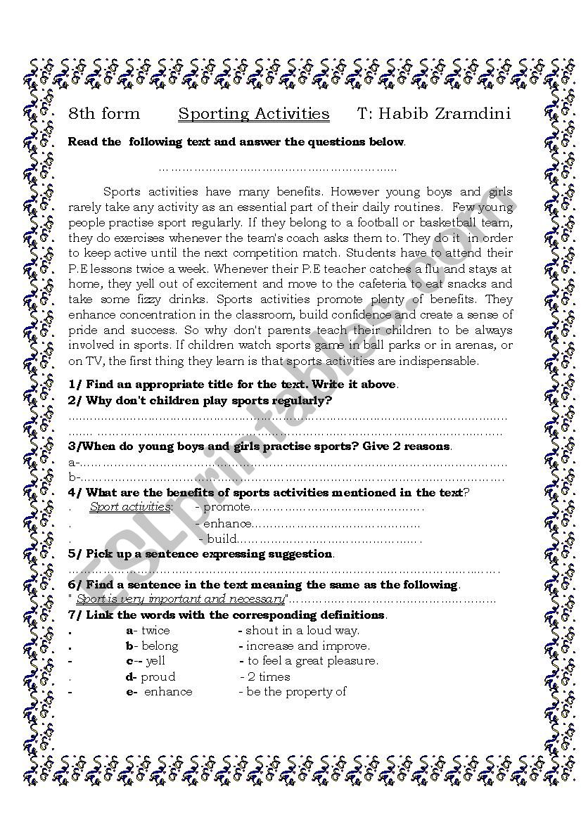 sporting activities worksheet