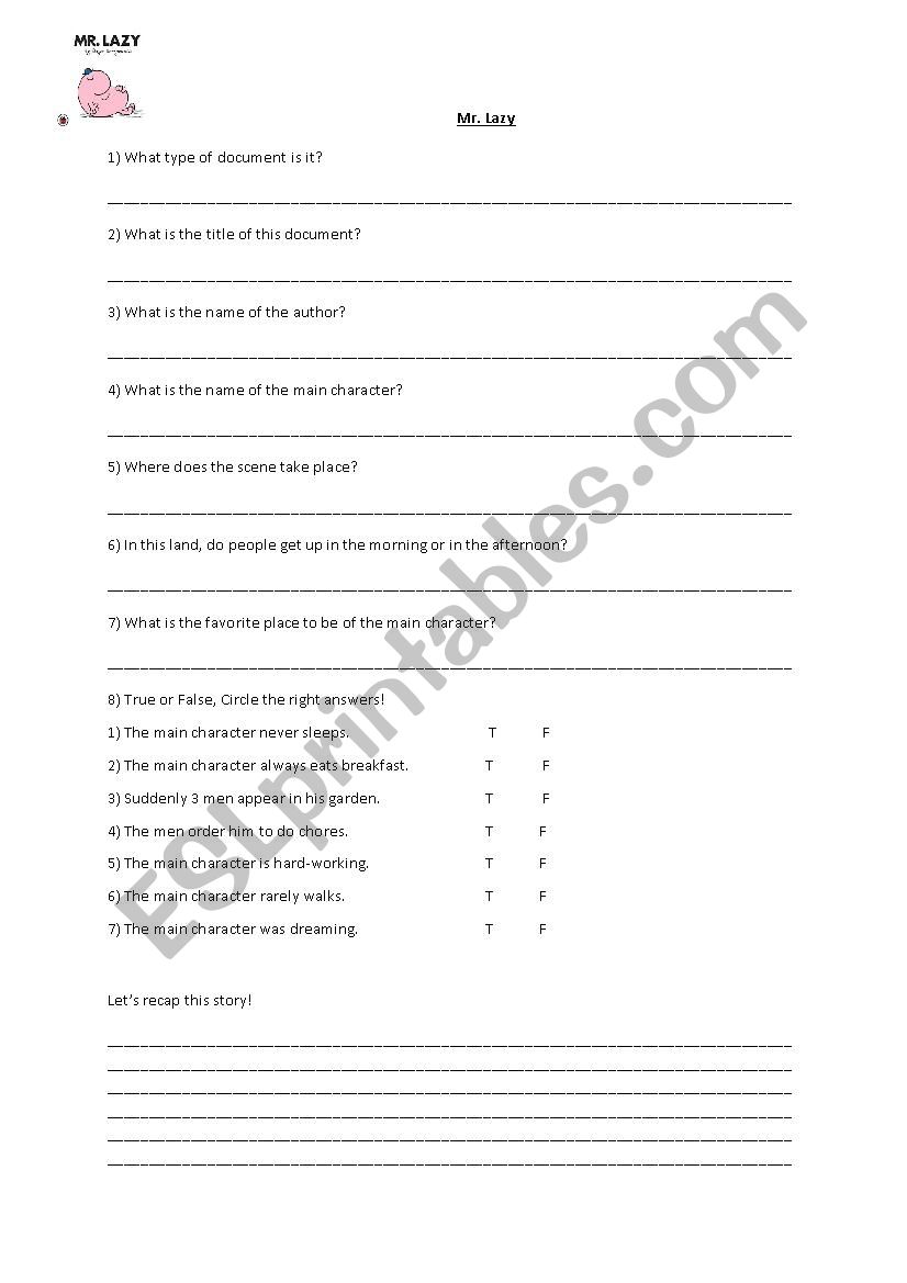 Mister Lazy worksheet