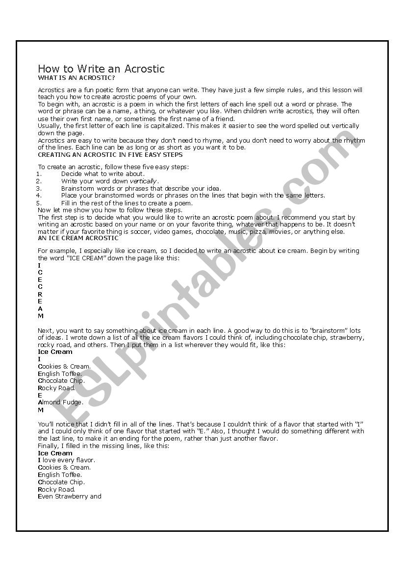 How to write an acrostic worksheet