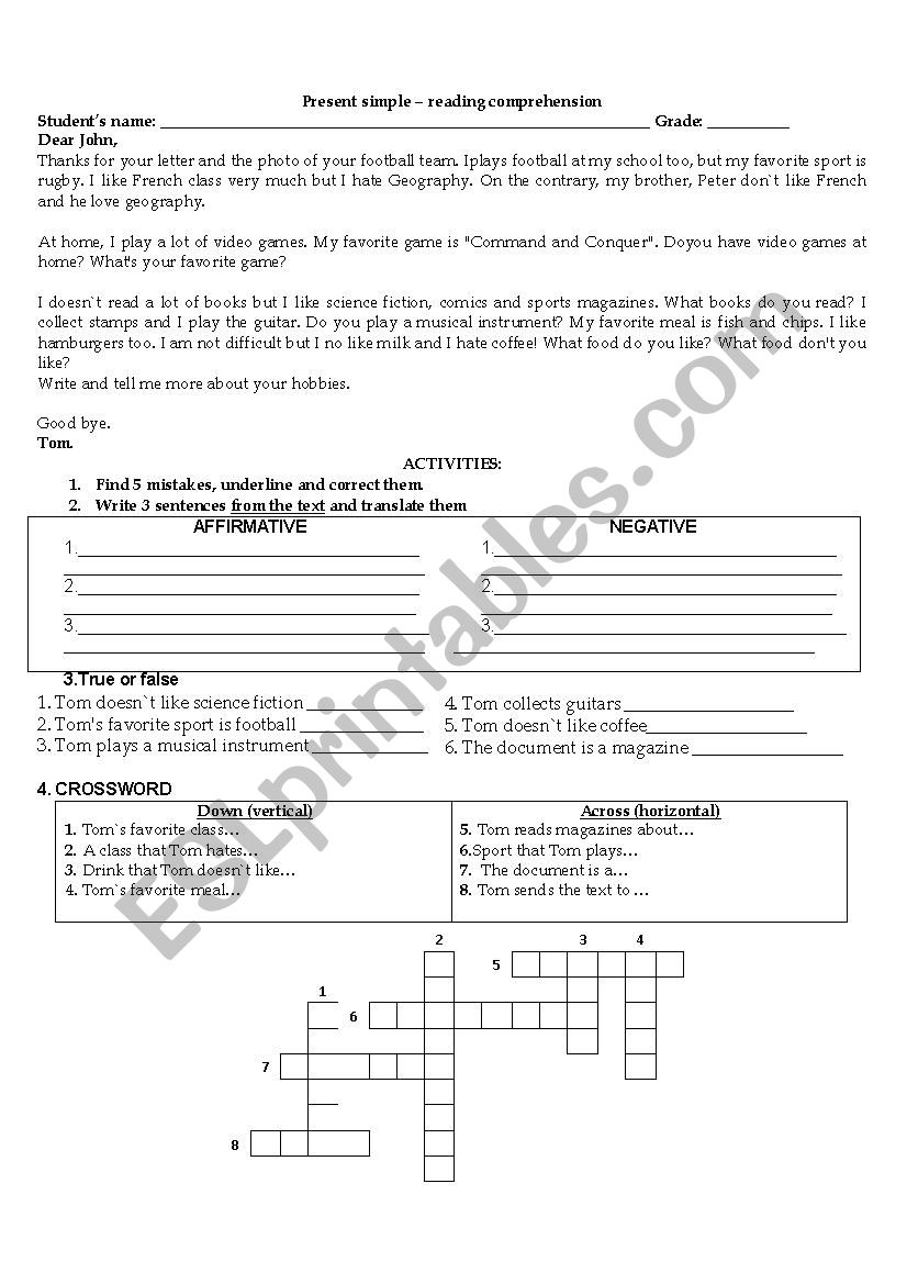 Reading- present simple worksheet