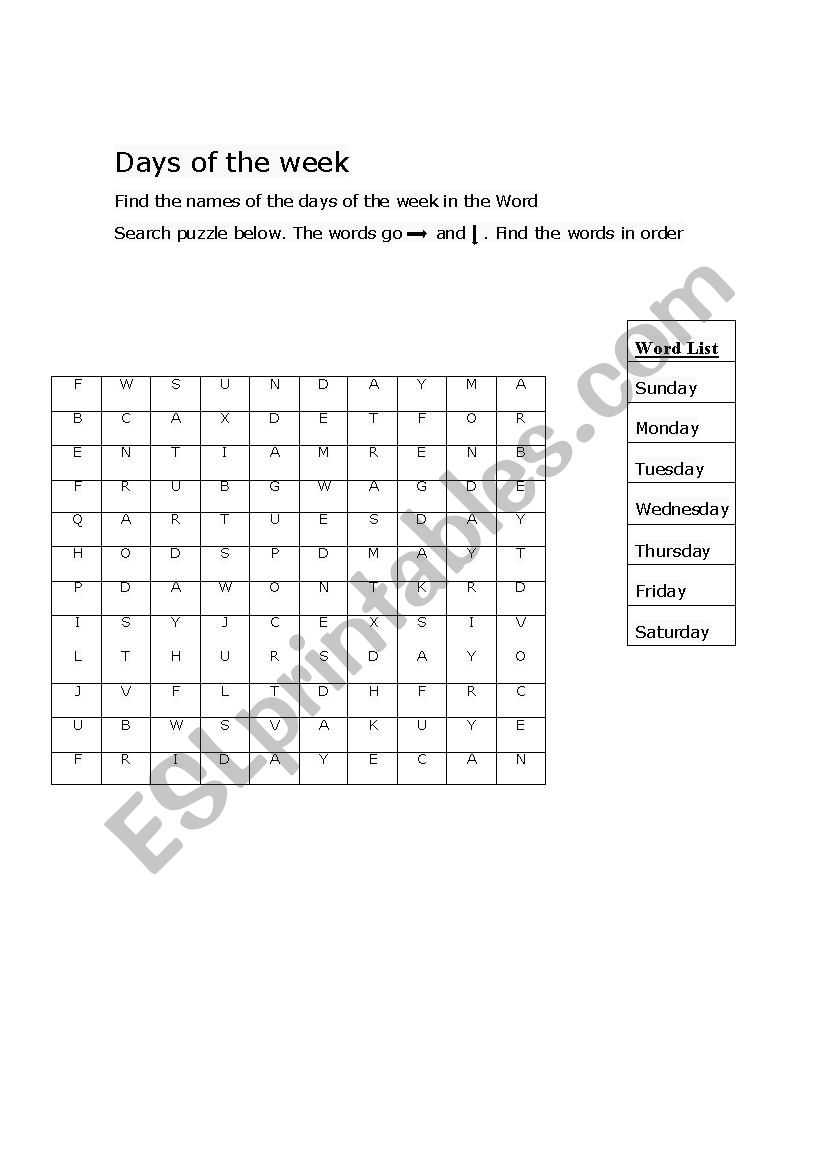 Days of the week worksheet