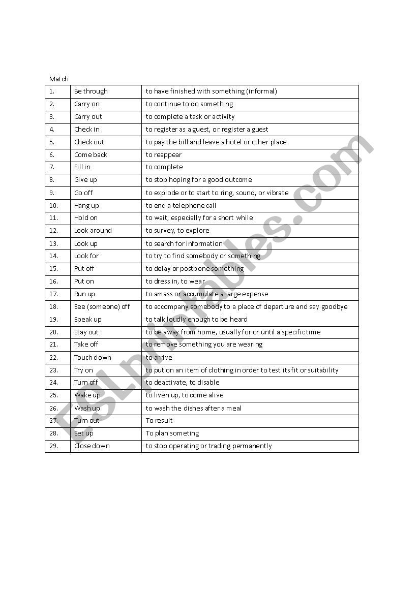 Phrasal Verb Exercise - Matching and Fill in the Blanks