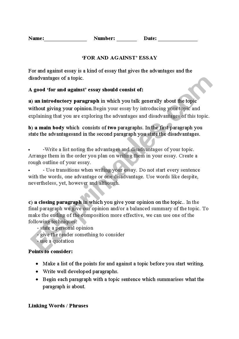 for and against essay worksheet