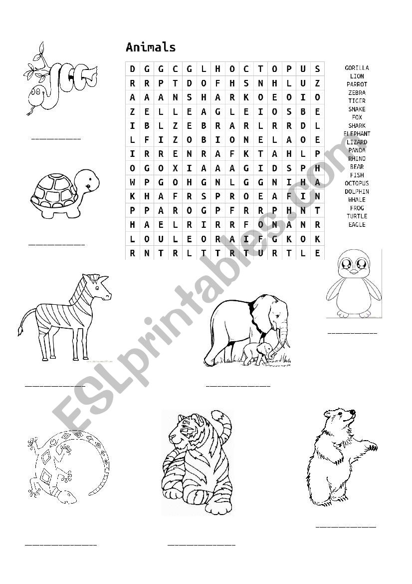 Animals word search worksheet