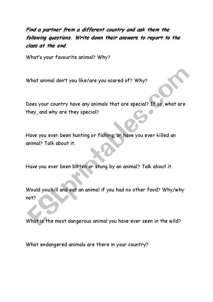 Animal discussion questions worksheet