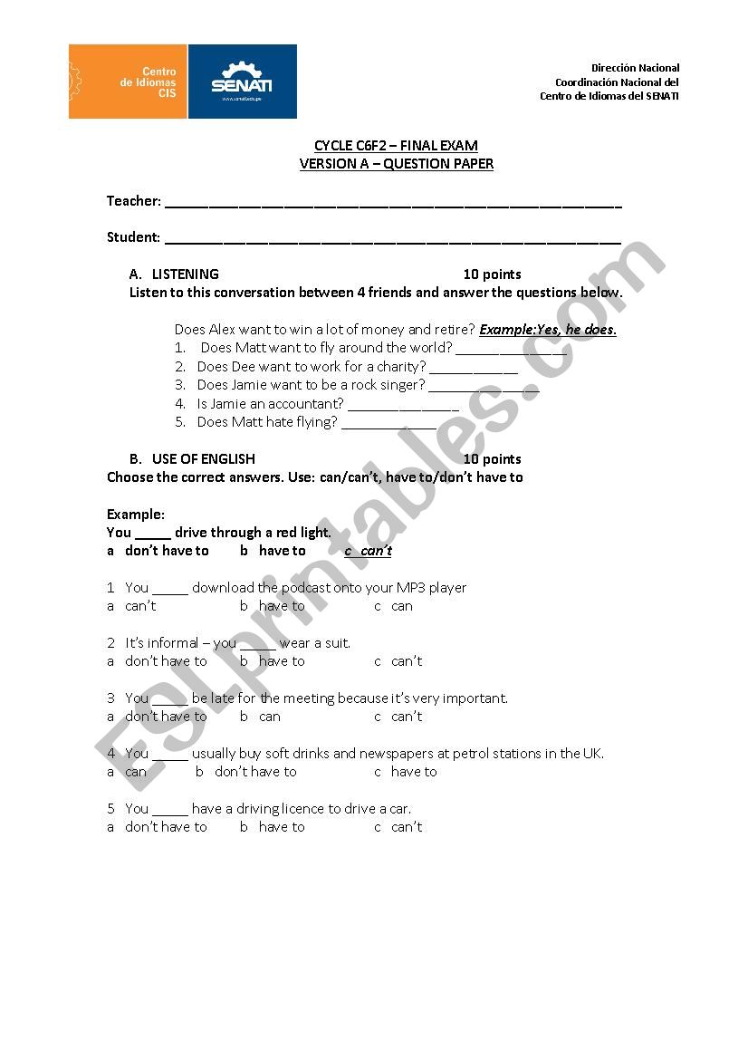 FINAL EXAM worksheet