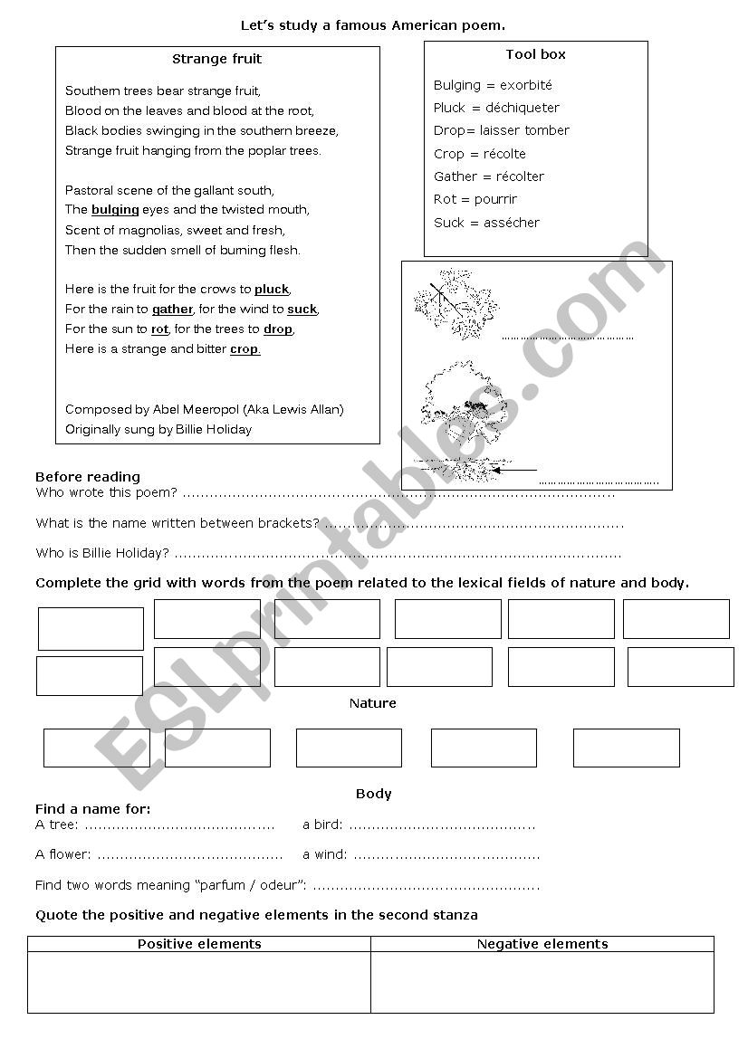 a poem Strange Fruit worksheet