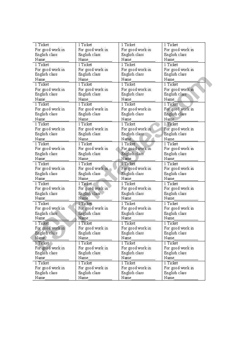 English Tickets worksheet