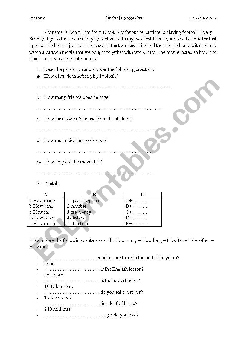 Group session 8th form worksheet