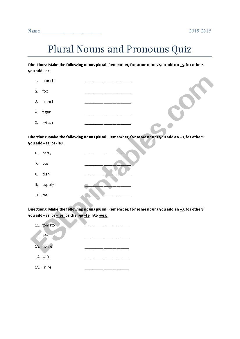 Plural Nouns Quiz worksheet