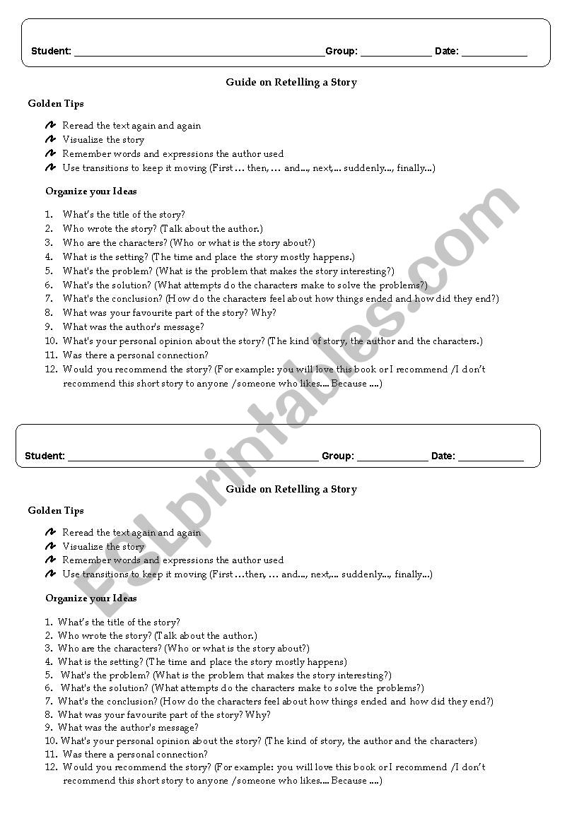 Guide on Retelling a Story worksheet
