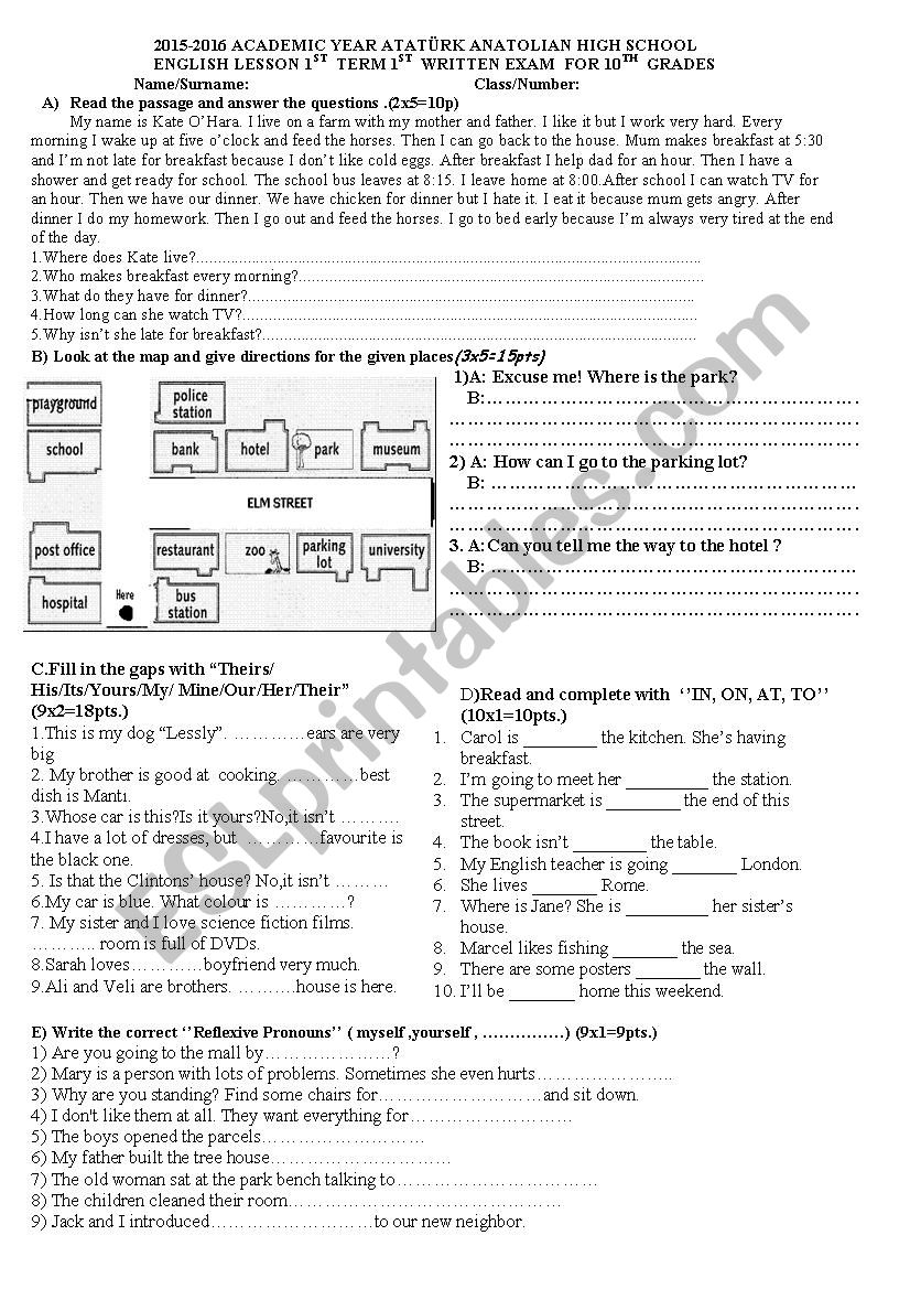 10th grade exam worksheet