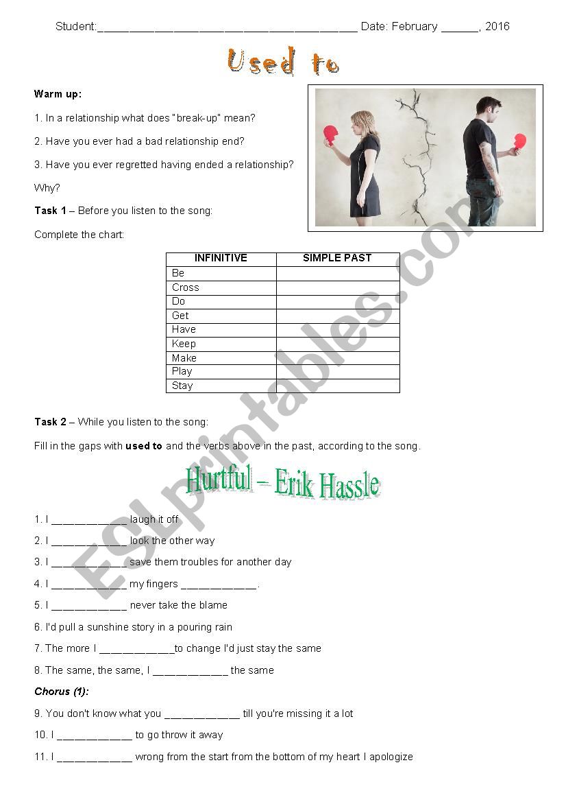 Song worksheet - Used to - Hurtful Erik Hassle