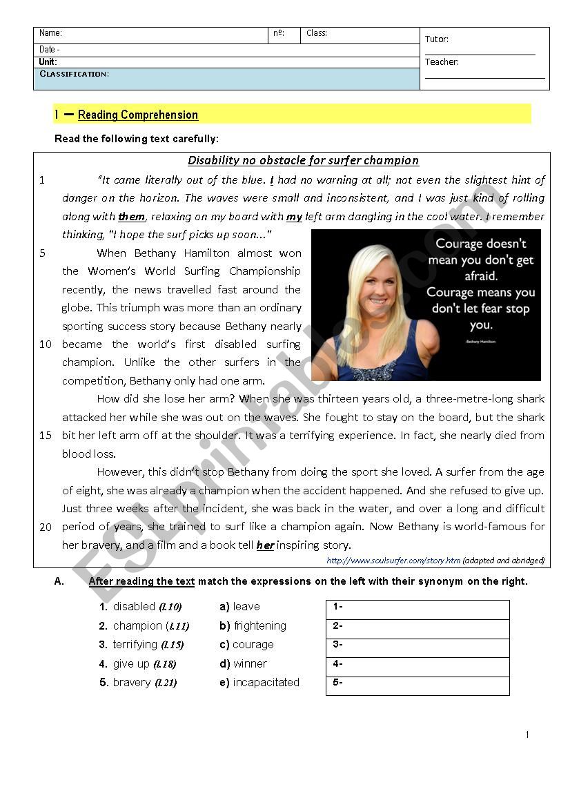 Bethany Hamilton - 8th Grade Test - Making History