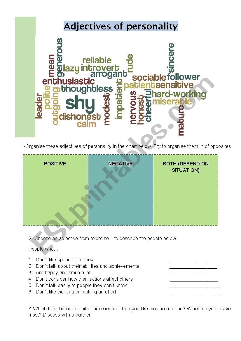 adjectives of personality worksheet