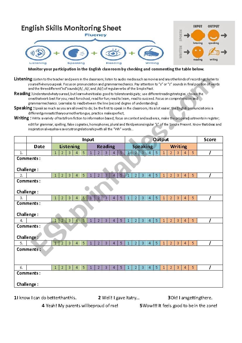 English Skills Self Monitoring Sheet