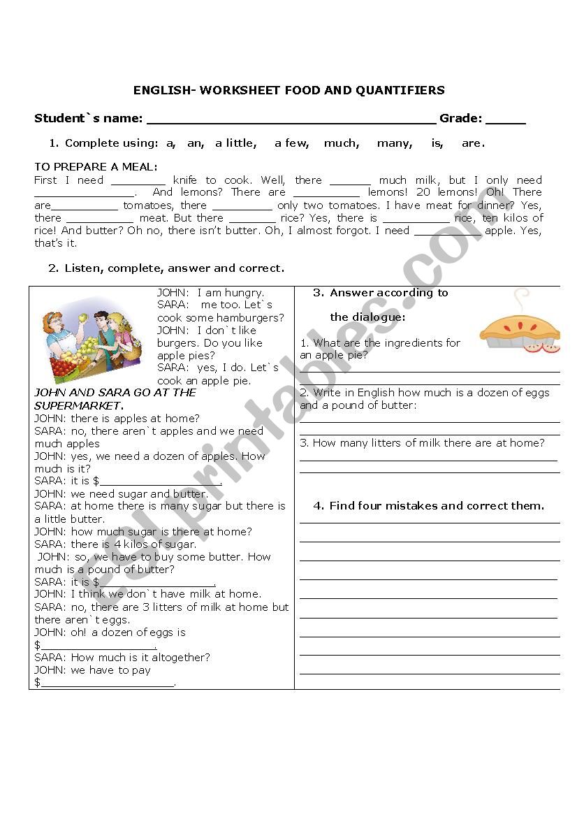 food and quantifiers worksheet