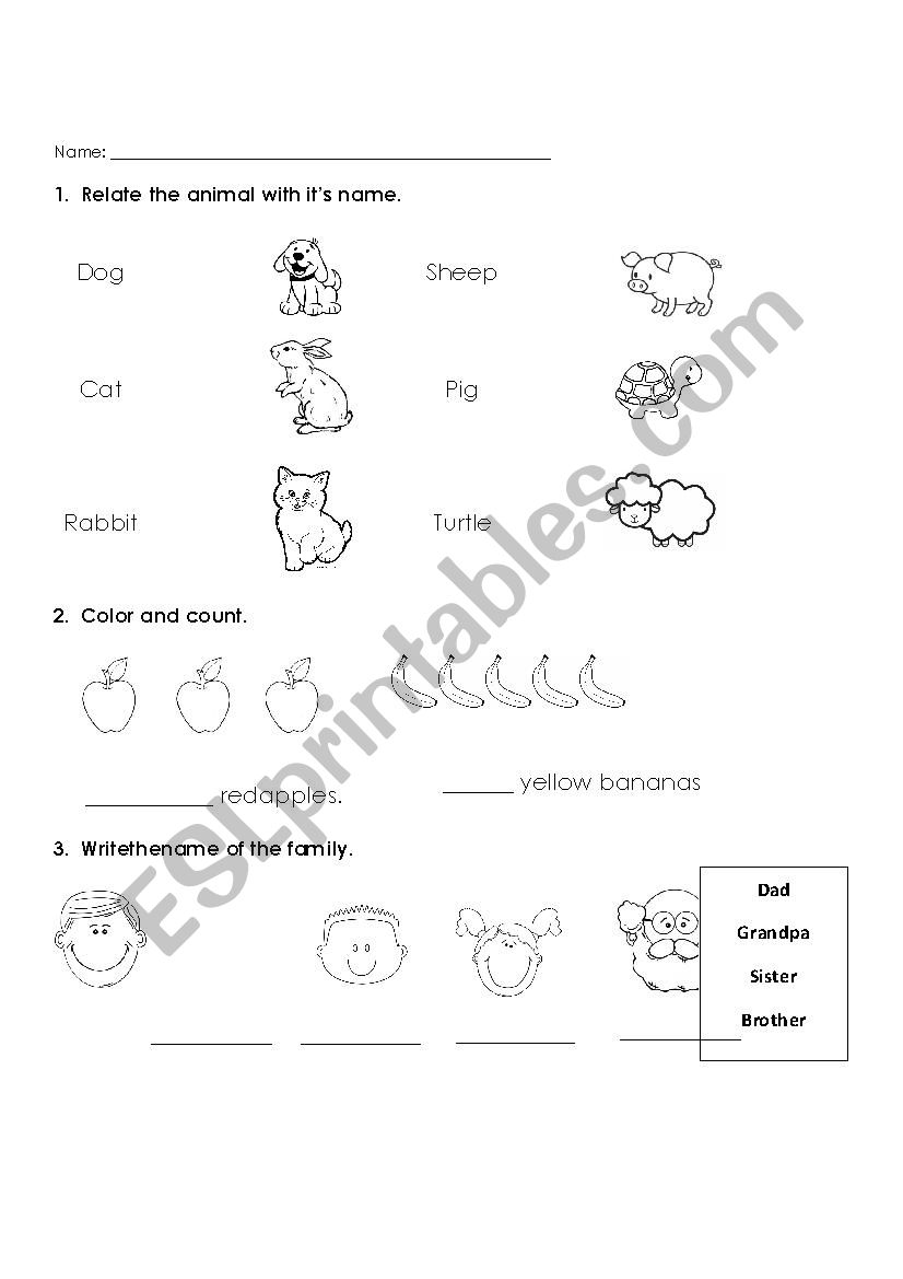 animlas, fruits and family members for 1st grade