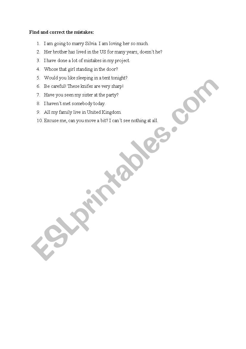 Correct the mistakes worksheet