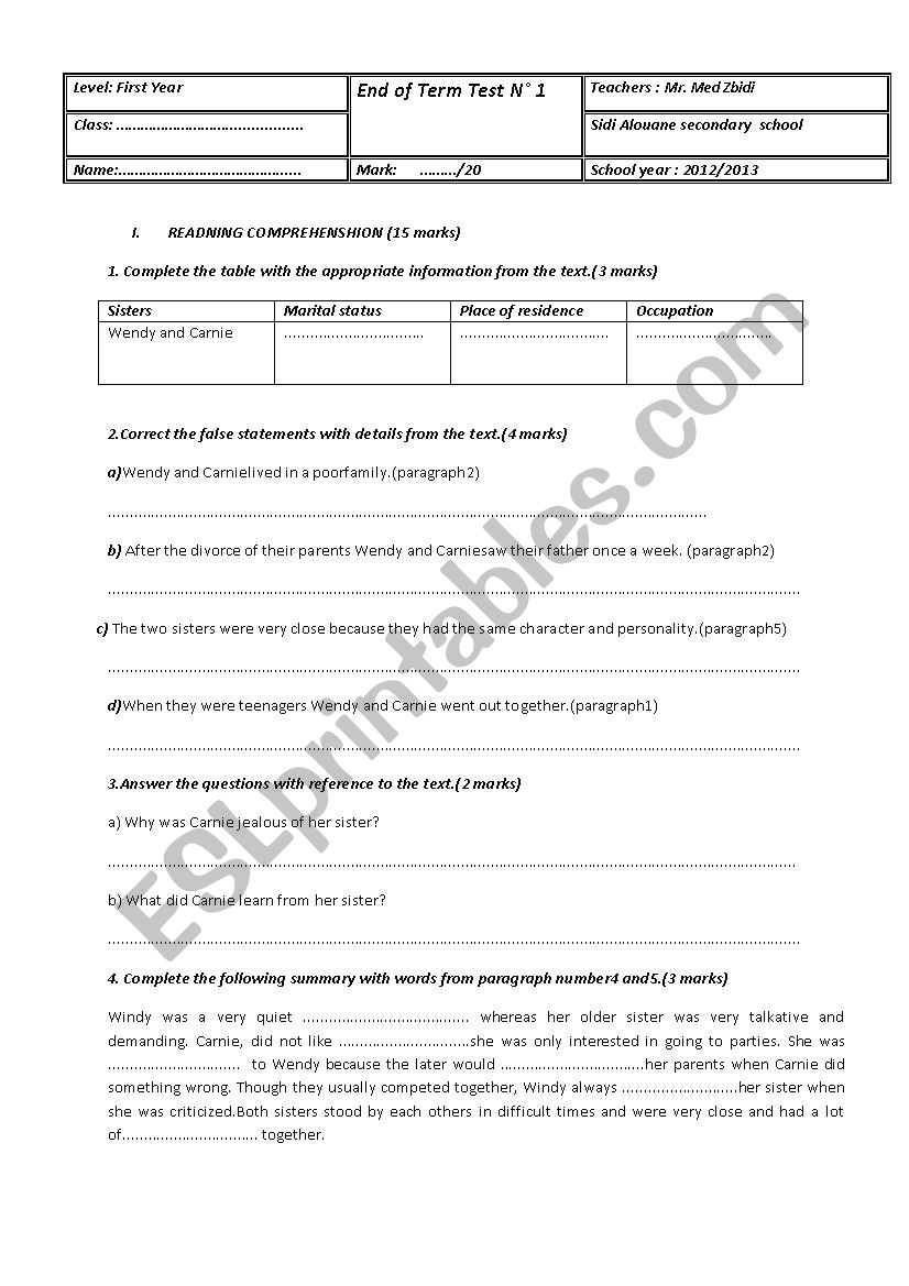 End of Term Test worksheet