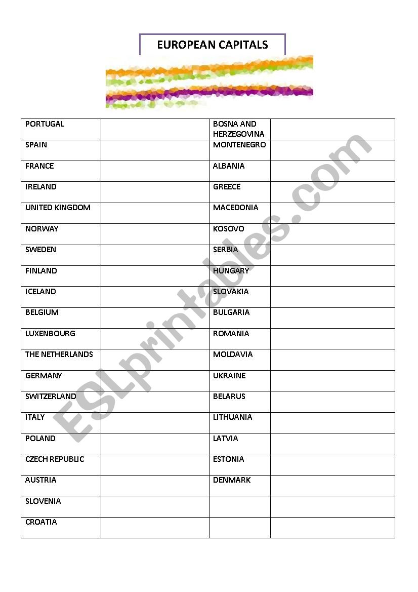 Tourism - EUROPEAN CAPITALS worksheet