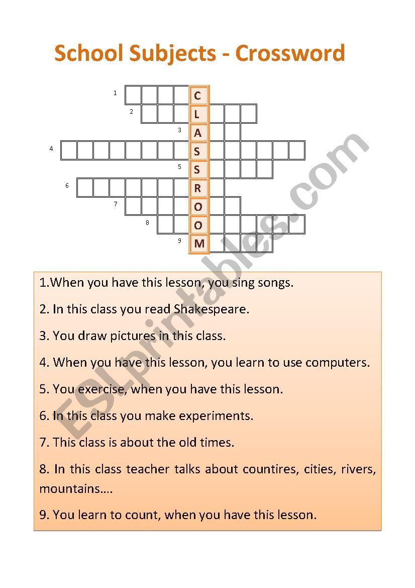 School Subjects Crossword worksheet