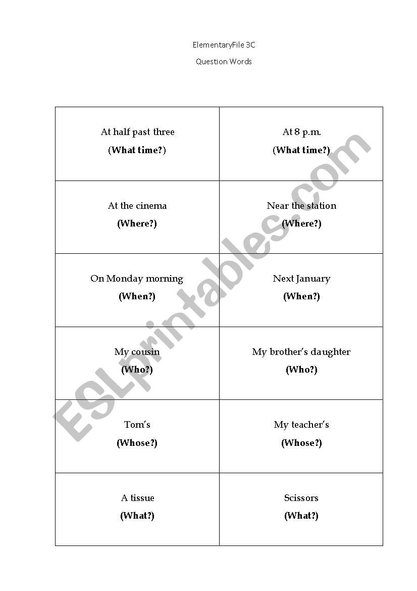 Question words duel worksheet