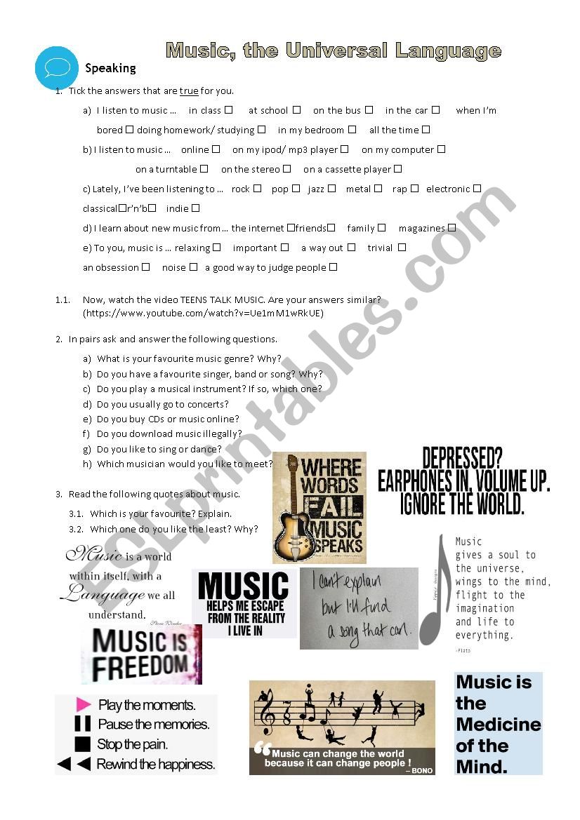 Music, the universal language worksheet