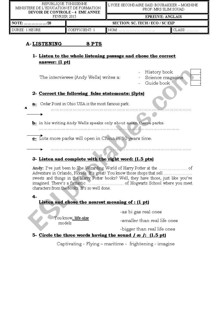 Mid Term Test 2 Bac eco/sc worksheet
