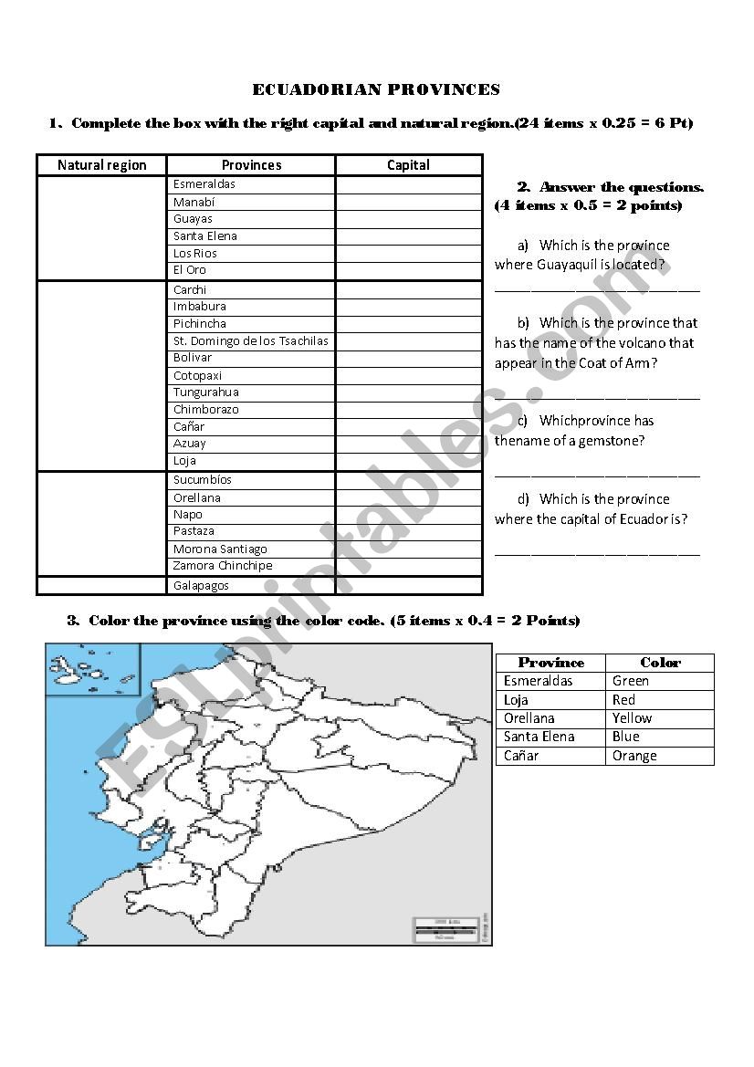 Ecuadorian provinces worksheet