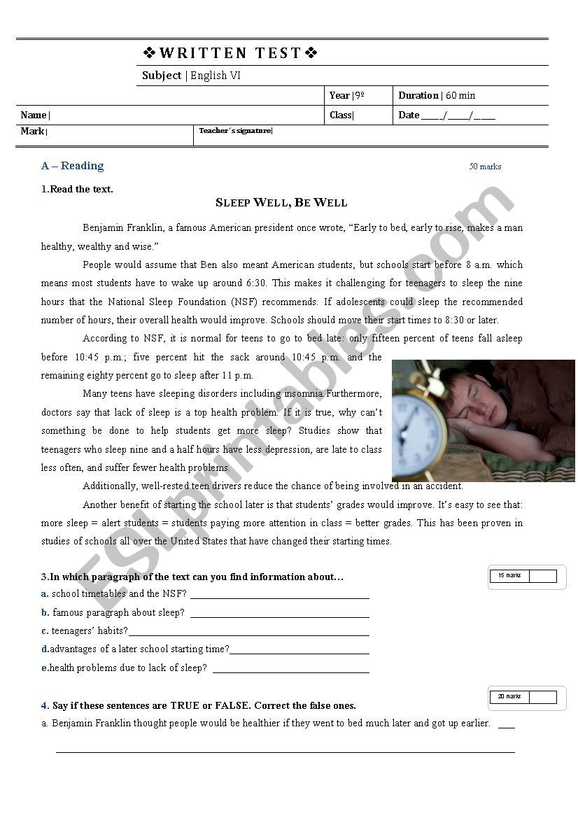 Healthy Lifestyle - Test worksheet