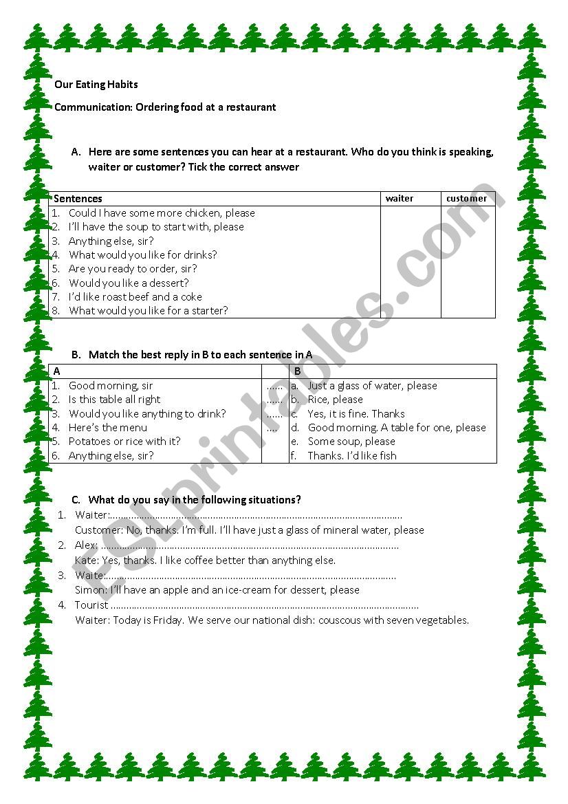 ordering food worksheet worksheet