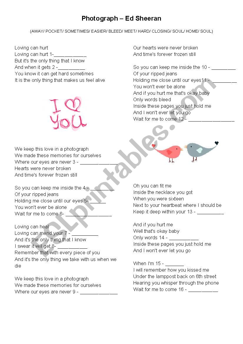 Photograph - Ed Sheeran worksheet